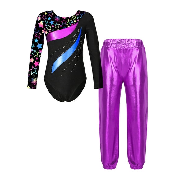 Doomiva Kids Girls Gymnastics Ballet Dance Leotard Bodysuit Unitard Jumpsuit with Jogger Pants Set Sport Tracksuit A Star Black&Rose 8