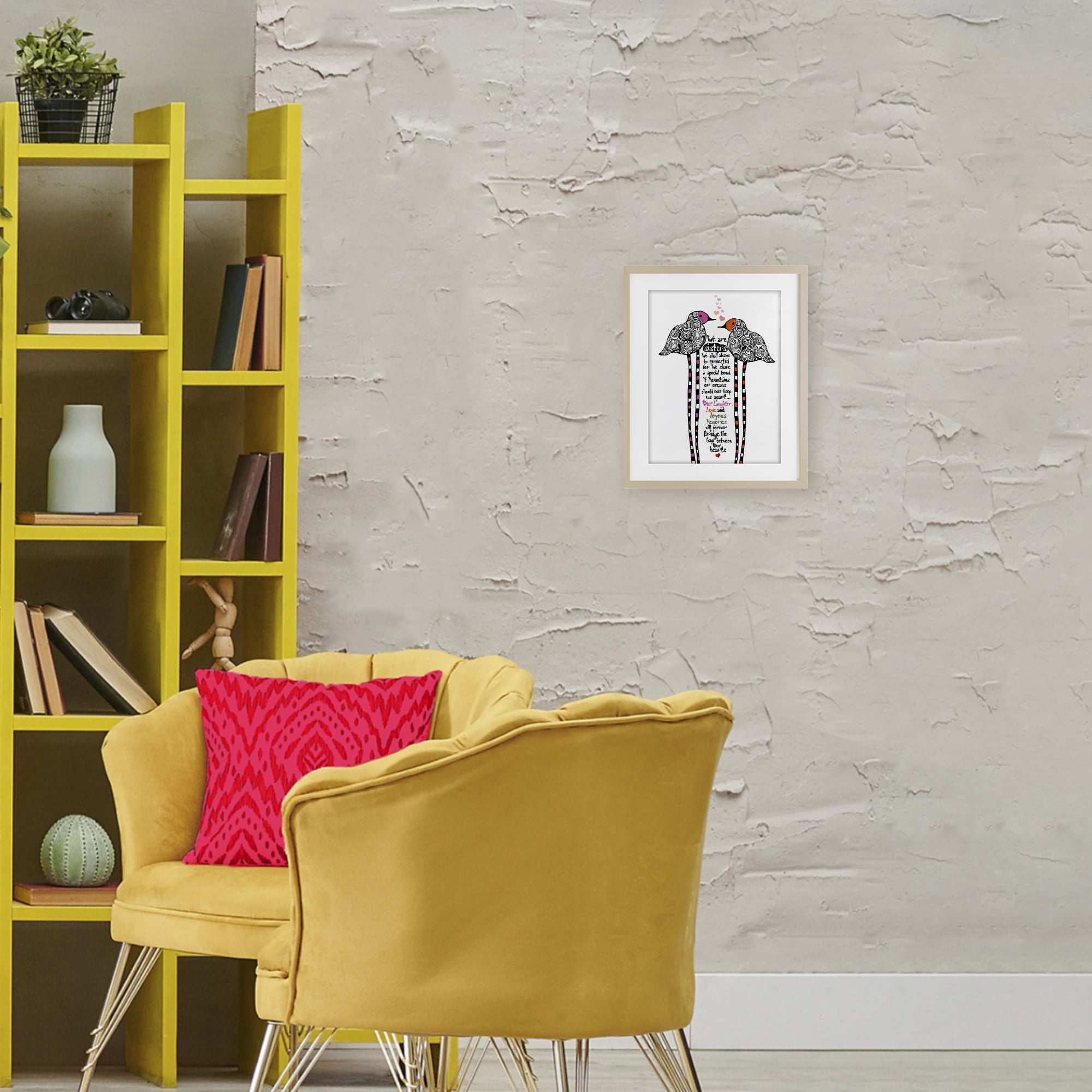 We Are Sisters Bird Duo Birch Framed Print Under Glass, design by Suzanne Millius