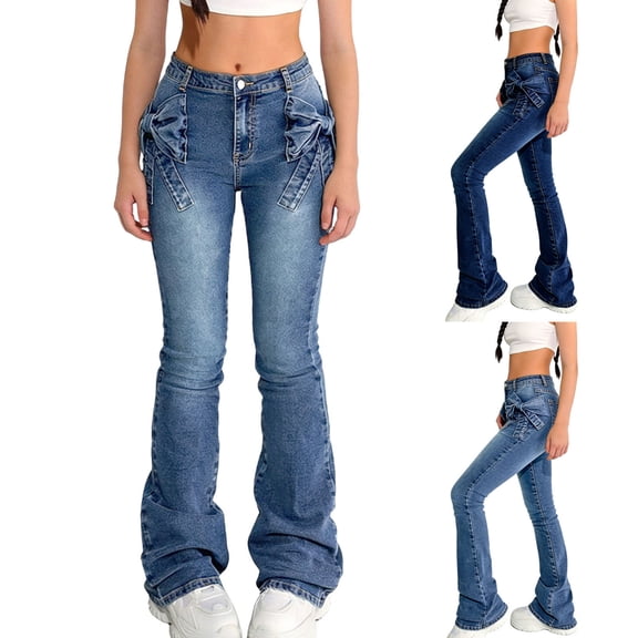 Purcolt Girl's Flared Jeans Vintage Cute Side Bow High Waist Slim Fit Skinny Stretchy Jeans Straight Leg Bell Bottom Denim Pants, 6-13 Years
