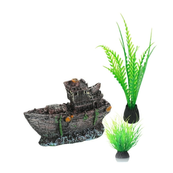 Aquarium Sunken Ship Decoration Fishtank Ornaments with 2 Artificial Plants