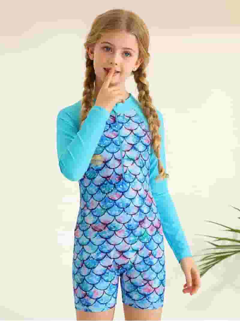 送料無料 通販 ファッション Piece One Girls Kids Zipper Swimwear Sleeve Long Swimsuit Girls