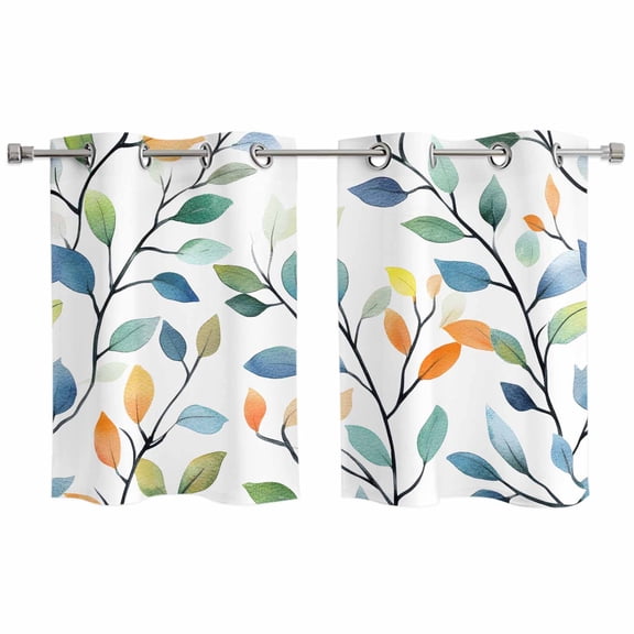 Colorful Leaf Kitchen Curtains Small Short 39 Inch Length, Summer Botanical Pastoral Spring Grommet Top Bedroom Living Room Curtains, Light Filtering Cafe Curtain Drapes 2 Panels Set 55''x39''