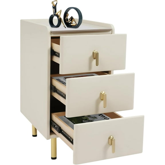 Narrow Nightstand with 3 Drawers, Solid Bedside Cabinet Modern Wood Night Stand with Leather Surface, Slim Storage Bedside Table for Bedrooms, Dormitories, Living Rooms, Cream White