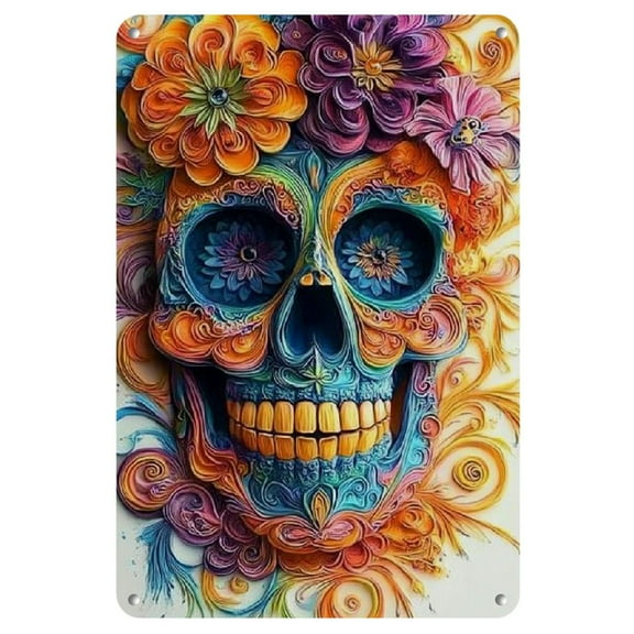 1pc Vibrant Day of the Dead Sugar Skull Iron Sign - 8x12" - Colorful Floral & Skull Design for Home, Bedroom, Bar, Cafe, Office Wall Decor - Artistic Metal Plaque with Pre-Drilled Holes