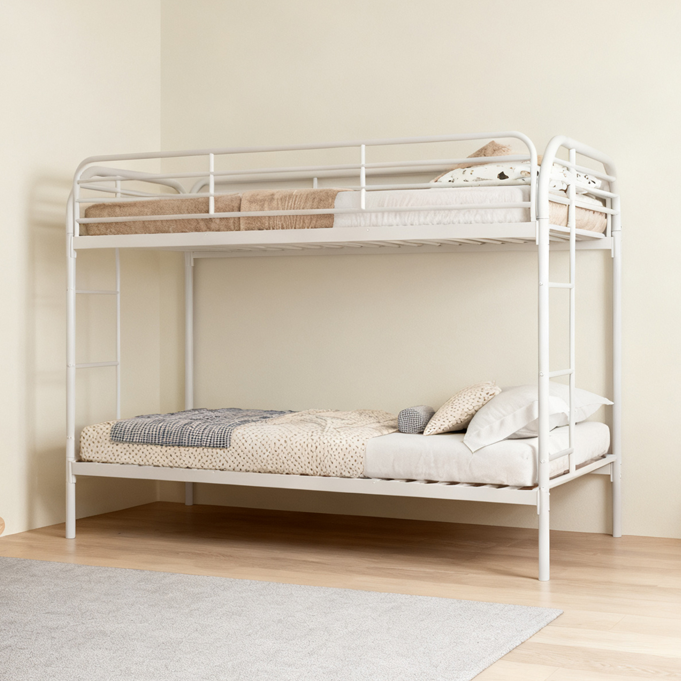 Noble House Twin Over Twin Metal Bunk Bed, Dual Ladders & Full-Length Guardrails, Low Profile, Space-Saving, White