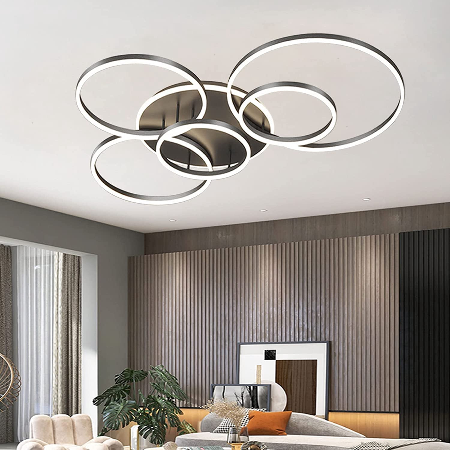 Modern Led Flush Mount Ceiling Light, 5 Rings Light Fixtures 80W Dimmable with Remote Acrylic, (Black)