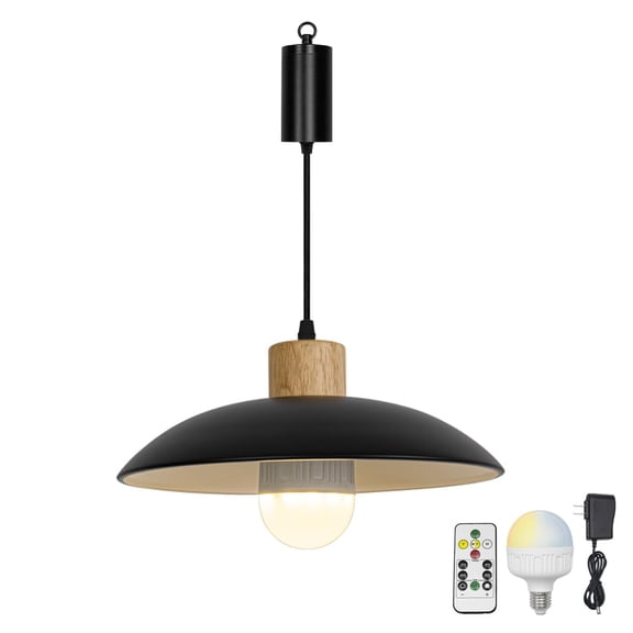 KAYYELAMP 1Pcs Rechargeable Battery Adjusted Height Hanging Light Remote LED Dimmer Timing Bulb Wood Base Black 12.2" Dia Shade Retro Design for Depot Kitchen Farmhouse