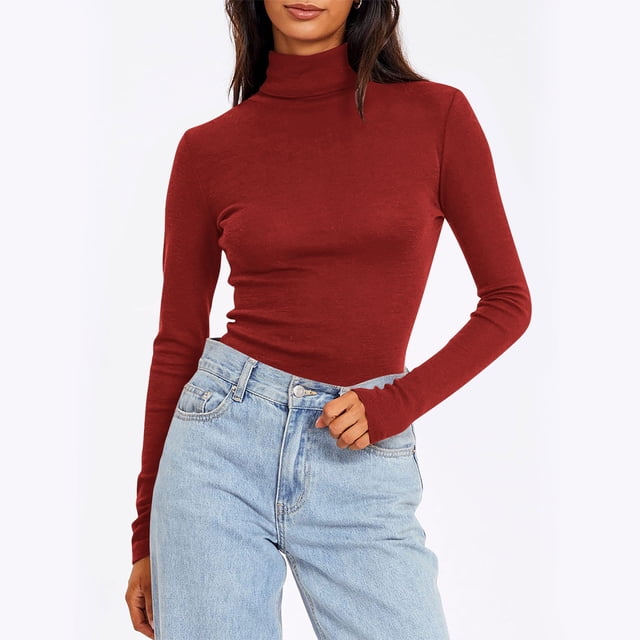 Chemises à Manches Longues pour Femmes, Col Roulé, Coupe Ajustée, Couche de Base, Couleur Unie, Confortable, Rouge TG