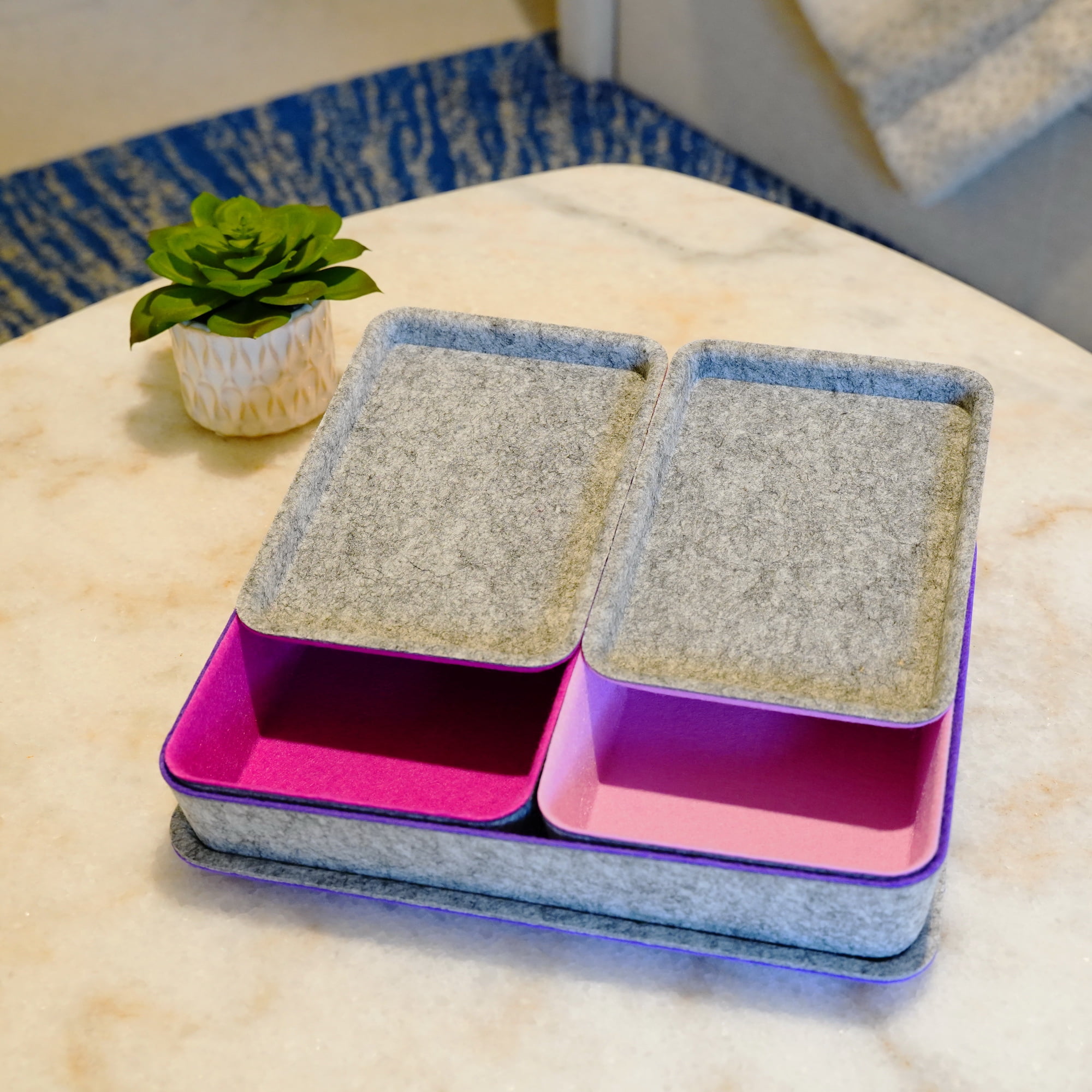 Welaxy Lidded Felt Drawer Organizer Trays with lids Desktop Organizer Bins Storage box for crafts office supplies pen Junk Makeup Stationery Organize 3-Pack (light pink + hot pink + purple)