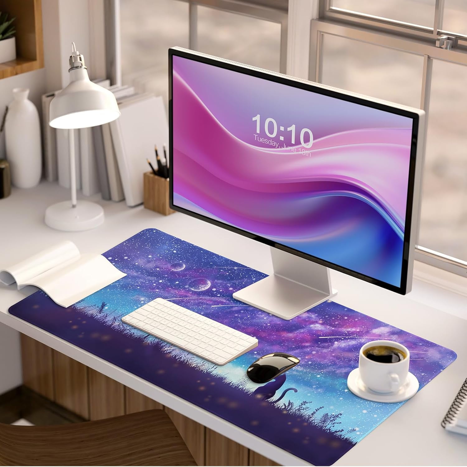 Gaming Mouse Pad, Large Mouse Pad for Desk, Desk Mat Extended Mousepad, Cute Purple DeskPad with Non-Slip Rubber Base, Computer Mats for Desktop Home Office (31.5"x15.7", Cat)