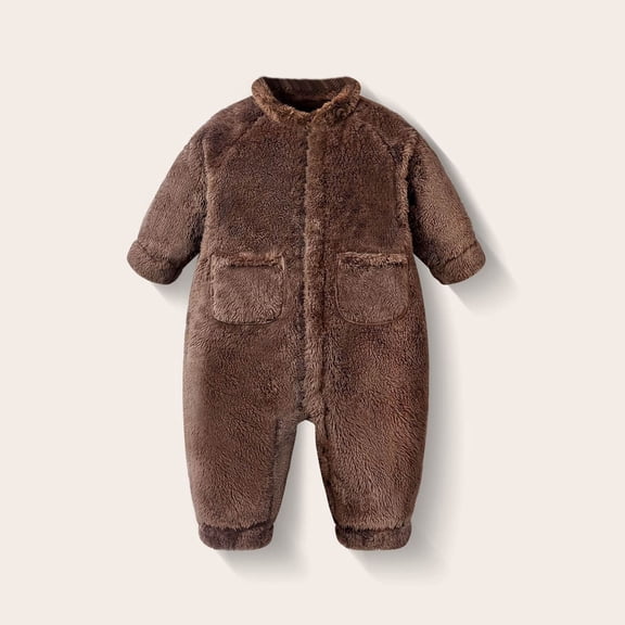 Baby Solid Color Fleece Bodysuit with Front Pocket Warm Winter Zip Romper suitable for indoor nighttime sleep 3 Months-2 Years Brown 1-2 Years