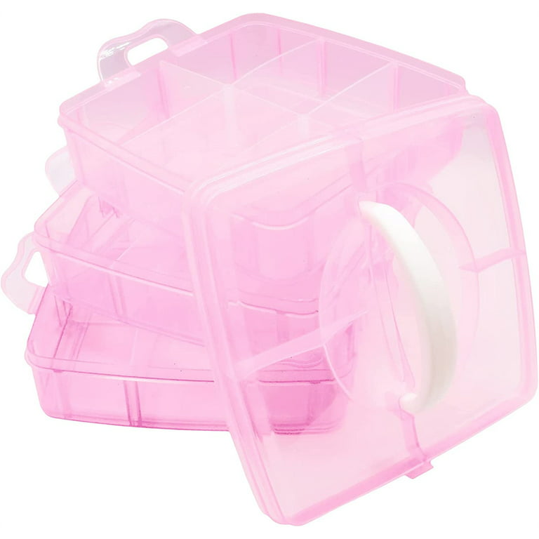 Casewin Stackable Craft Organizer Box, 3-Layer Small Storage Container Case,  with Adjustable Compartments for Beads, Crafts, Jewelry, Fishing Tackle,Pink  