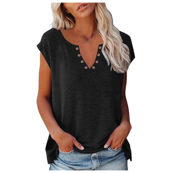 fartey Summer Tshirts for Women Roomy Fit Solid Color Casual Tops Cap Sleeve V Neck with Holes Lightweight Soft Tee Shirts