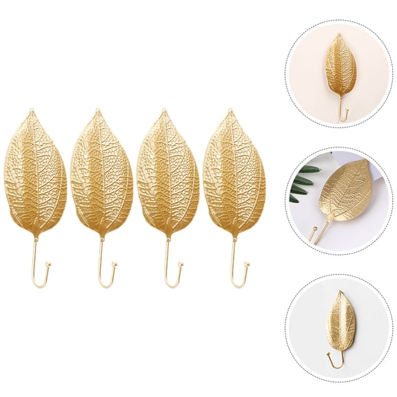 BESTYASH 4-Pack Decorative Wall Mounted Metal Coat Hooks and Key Holders with Elegant Golden Leaf Design