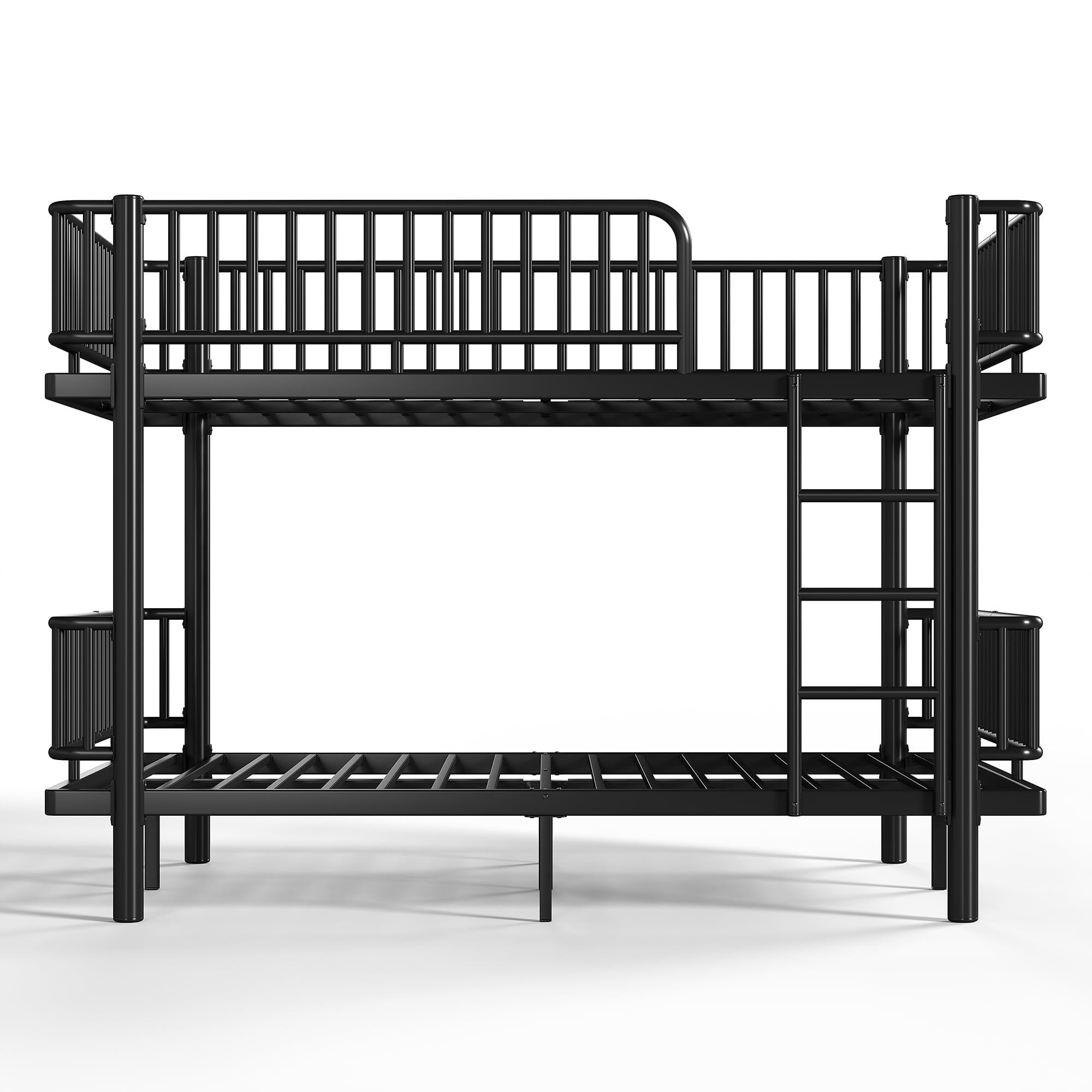 Queen over Queen Bunk Bed with Ladders and Guardrails, Metal Bunk Bed Frame Convertible into 2 Separate Platform Beds for Bedroom All Ages, No Box Spring Needed, Black