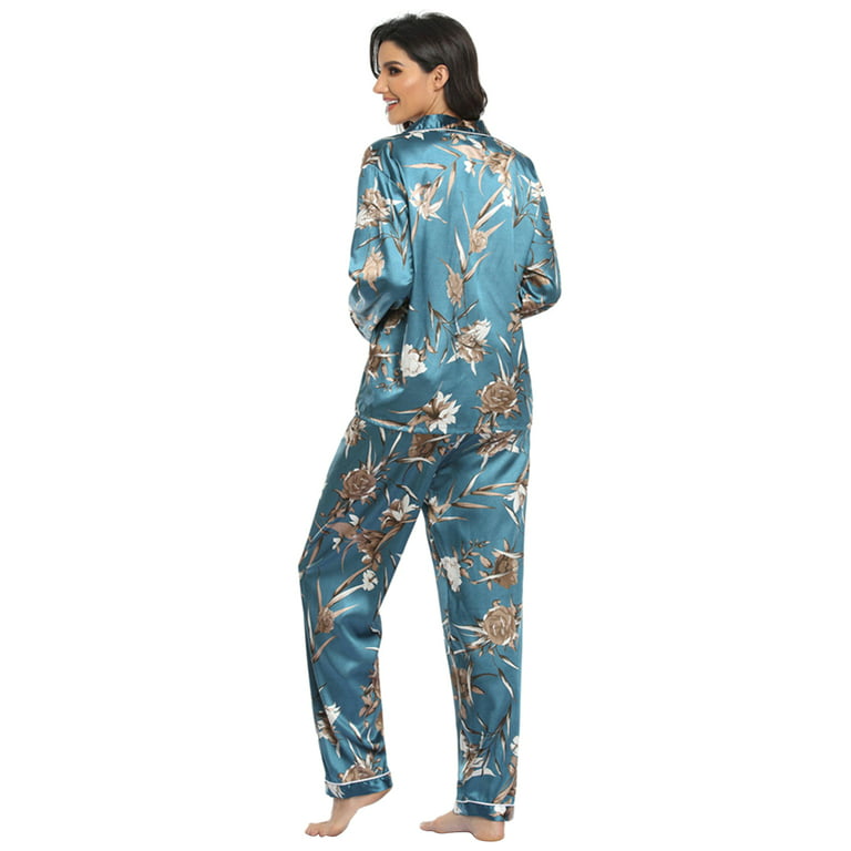 DAKIMOE Sleepwear Womens Silky Satin Pajamas Set Long Sleeve Nightwear  Loungewear, Green, S 
