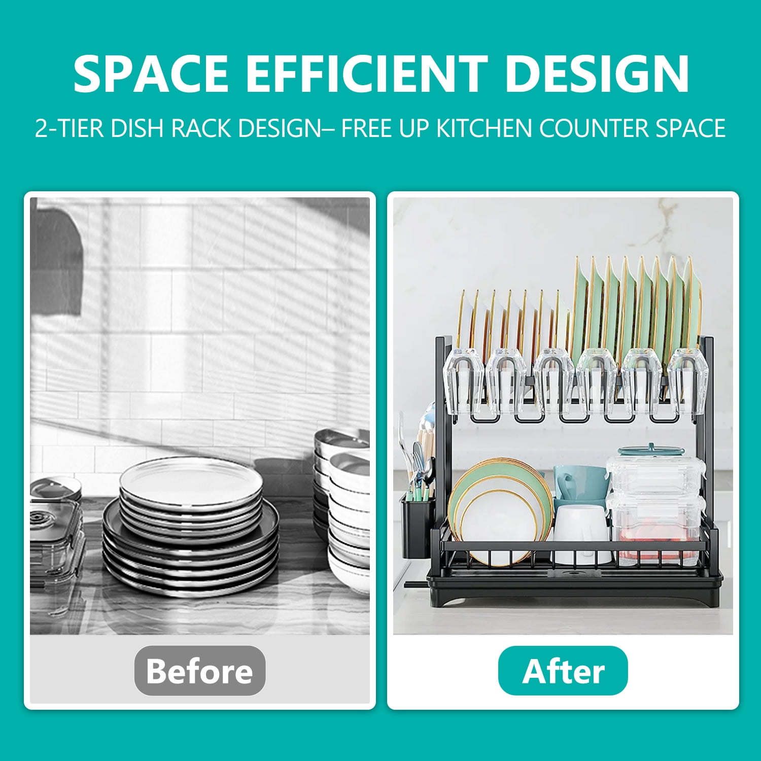 Stelive 2-Tier Dish Drying Rack Dish Drainer Dish/Cup/Cutting Board Cutlery Holder Dish Drainer Rack Multifunctional Storage Rack w/Drainboard & 360° Telescopic Drain Pipe for Kitchen (Black)