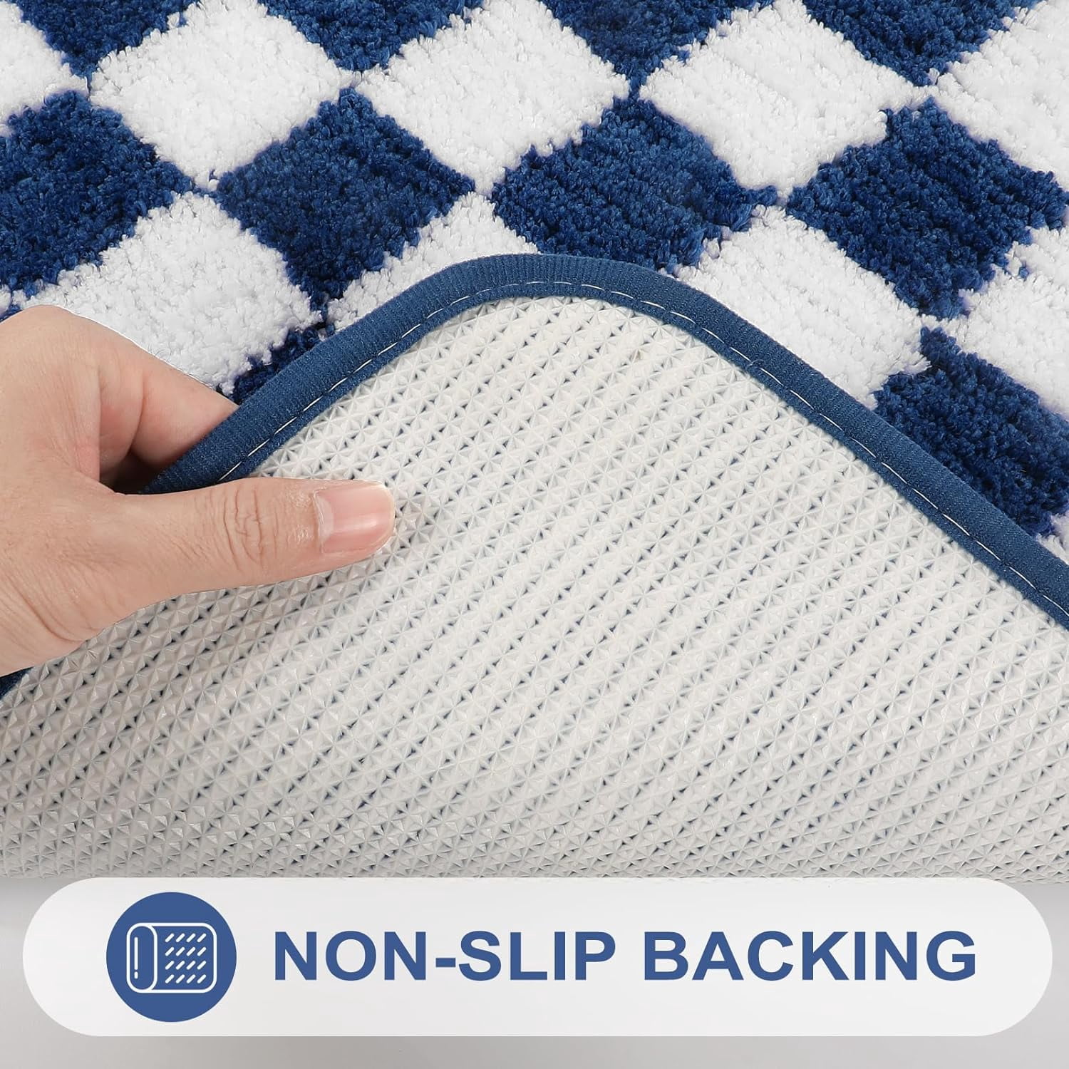 Blue Bathroom Rug Runner, Modern Plaid Checkered Bath Mat for Tub, Non Skid Washable Absorbent Bath Rug Runner, Plush Fluffy Microfiber Shower Mat for Bathroom Tub Shower, 18x47 inch
