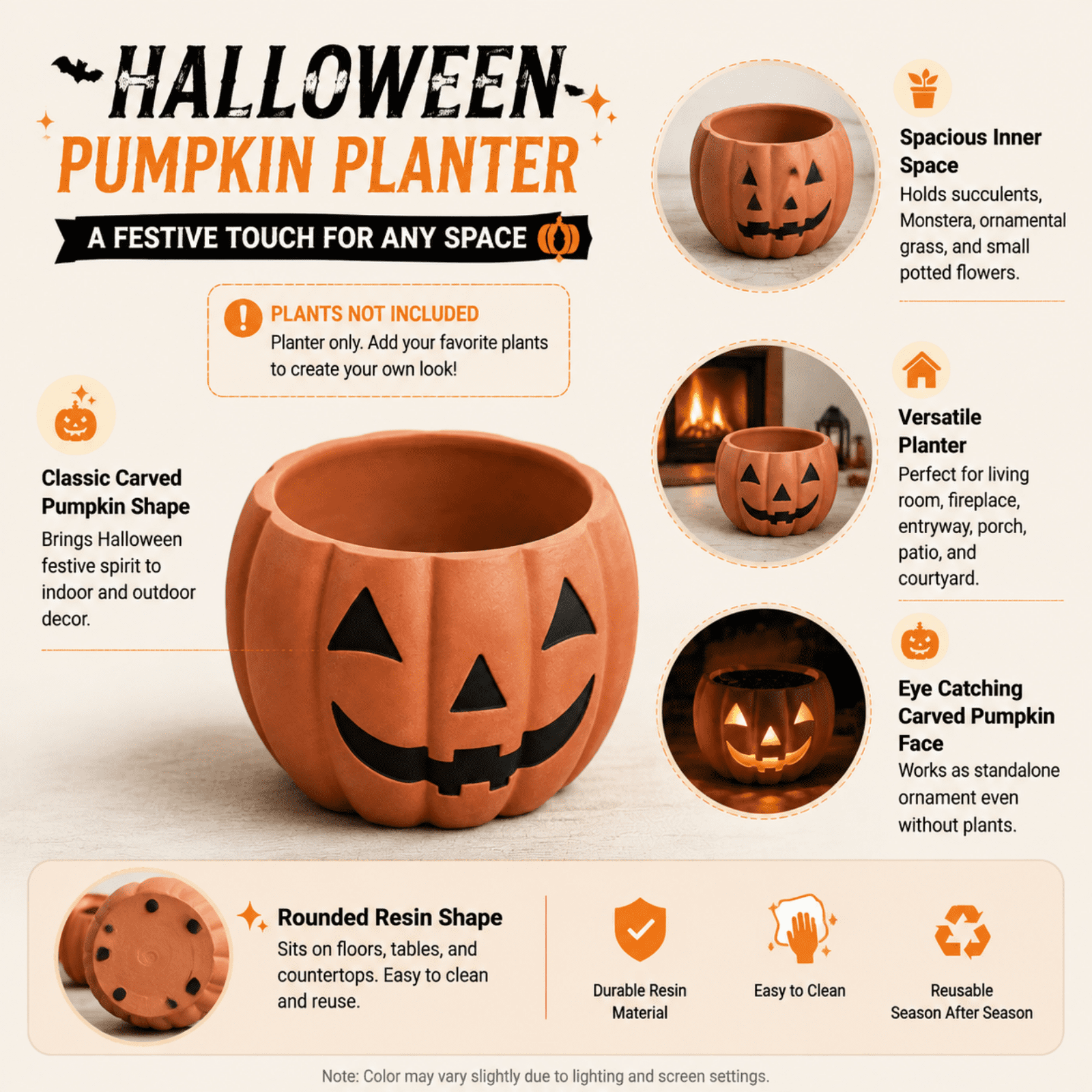 Large Pumpkin Planter Outdoor, Jack O Lantern Flower Pot, Halloween Pumpkin Pot for Indoor Plants Fall Porch Decor