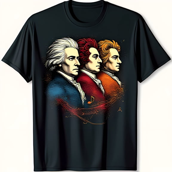 Black T-Shirt with Vibrant Portraits of Beethoven Mozart & Bach Music Inspired Design