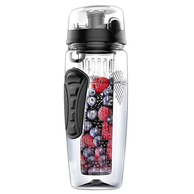 1000ml / 32oz Botella de agua de infusor de infusion de fruta Botella de plastico de deporte para desintoxicacion Salud Negro
