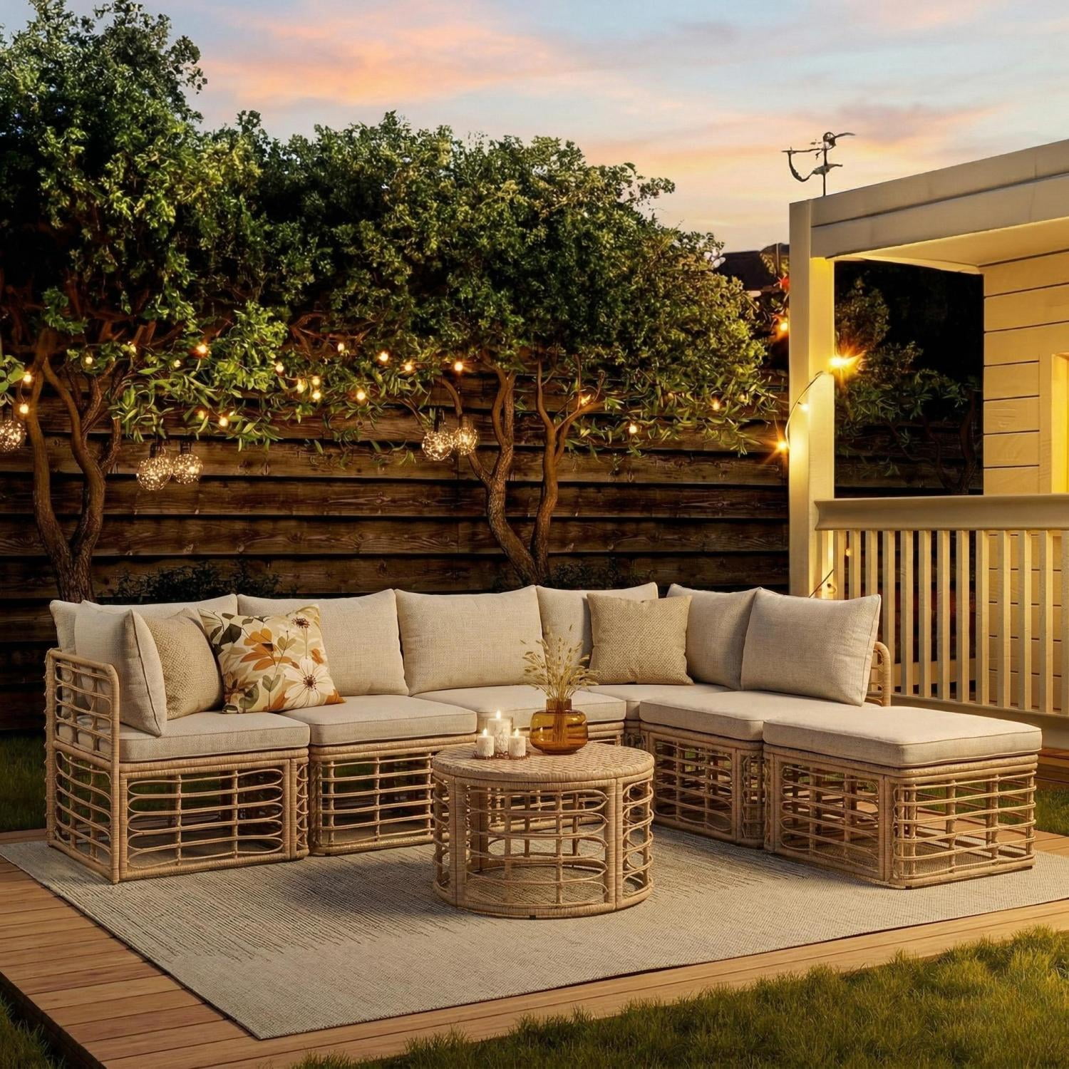 Leumius 7 Pieces Outdoor Patio Furniture Set,All-Weather Rattan Sectional Sofa Set with Thick Cushions and Pillows,Freely Combined Outdoor Conversation Sets for Garden,Backyard,Balcony,Brown