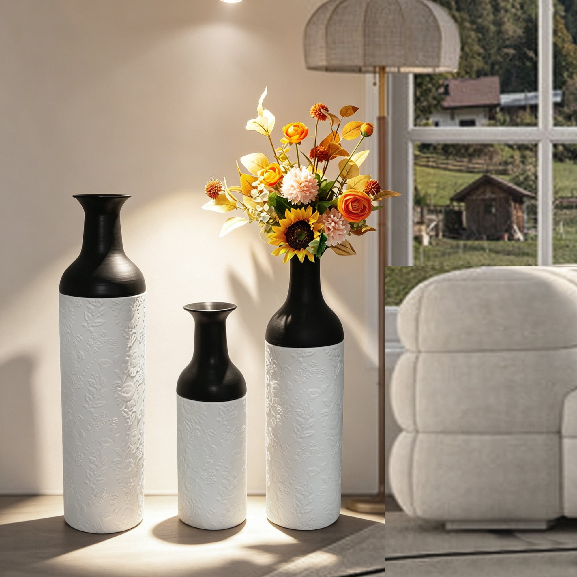 Leumius Decorative Metal Vases Set of 3, White Leaf Pattern Floor Vases, White & Black Tall Vases for Home Decor, Living Room Entryway Decor
