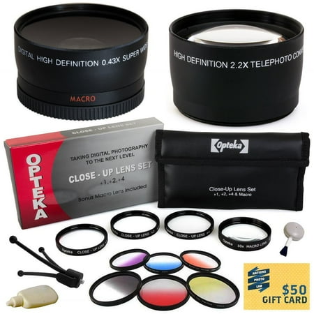 Sony Alpha DSLR Camera Accessory Pack includes Opteka 0.43x Fisheye Lens, 2.2x Telephoto, 4 Piece Macro Set, 6 Piece Color Filter Set, DSLR Cleaning Set, $50 Gift Card for Online Digital Photo Prints Sony Alpha DSLR Camera Accessory Pack includes Opteka 0.43x Fisheye Lens, 2.2x Telephoto, 4 Piece Macro Set, 6 Piece Color Filter Set, DSLR Cleaning Set, $50 Gift Card for Online Digital Photo Prints