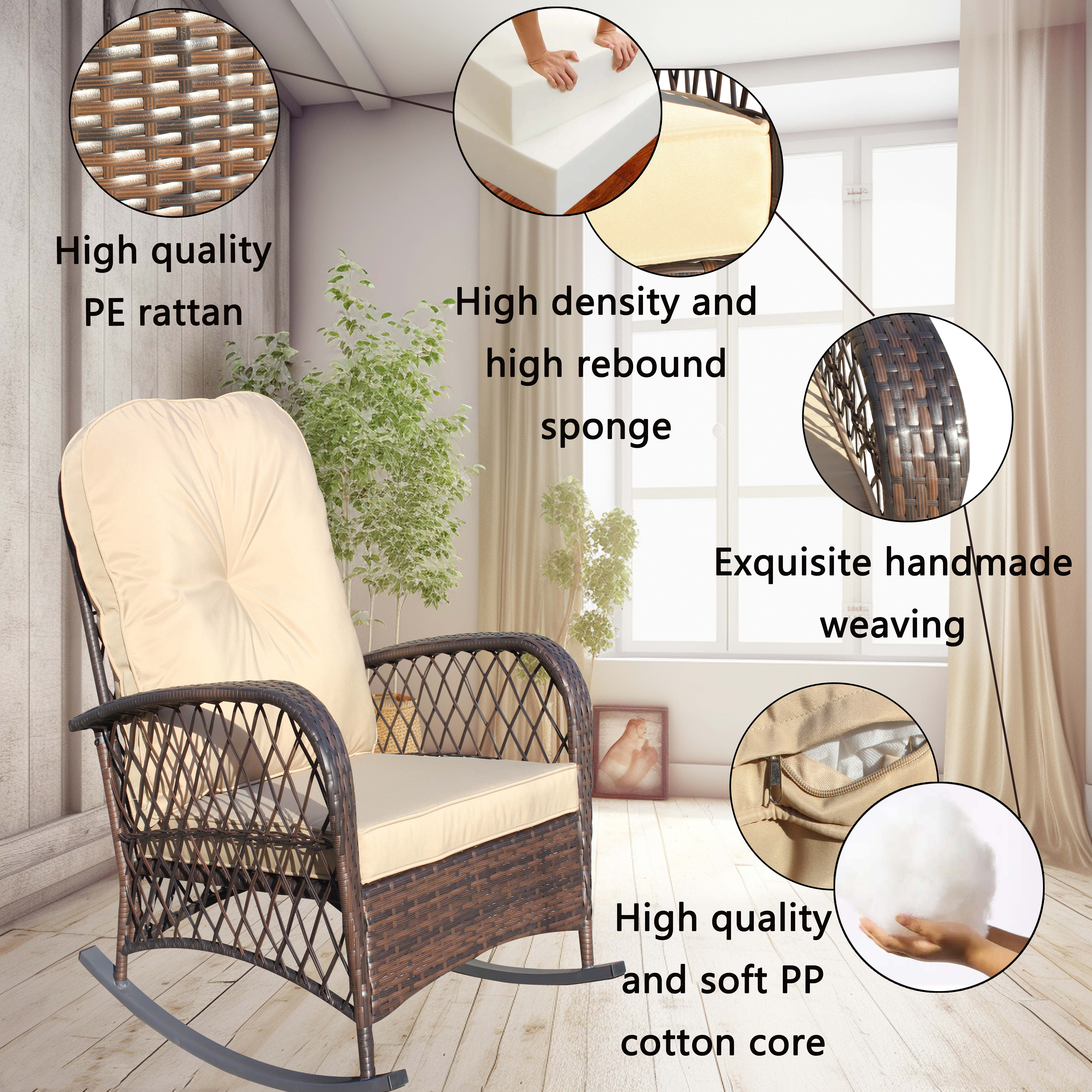 Wicker Outdoor Rocking Chair, Wide Seat Thick Cushion Steel Frame Rattan Rocker for Patio Garden Backyard Relax Area, Shallow Brown