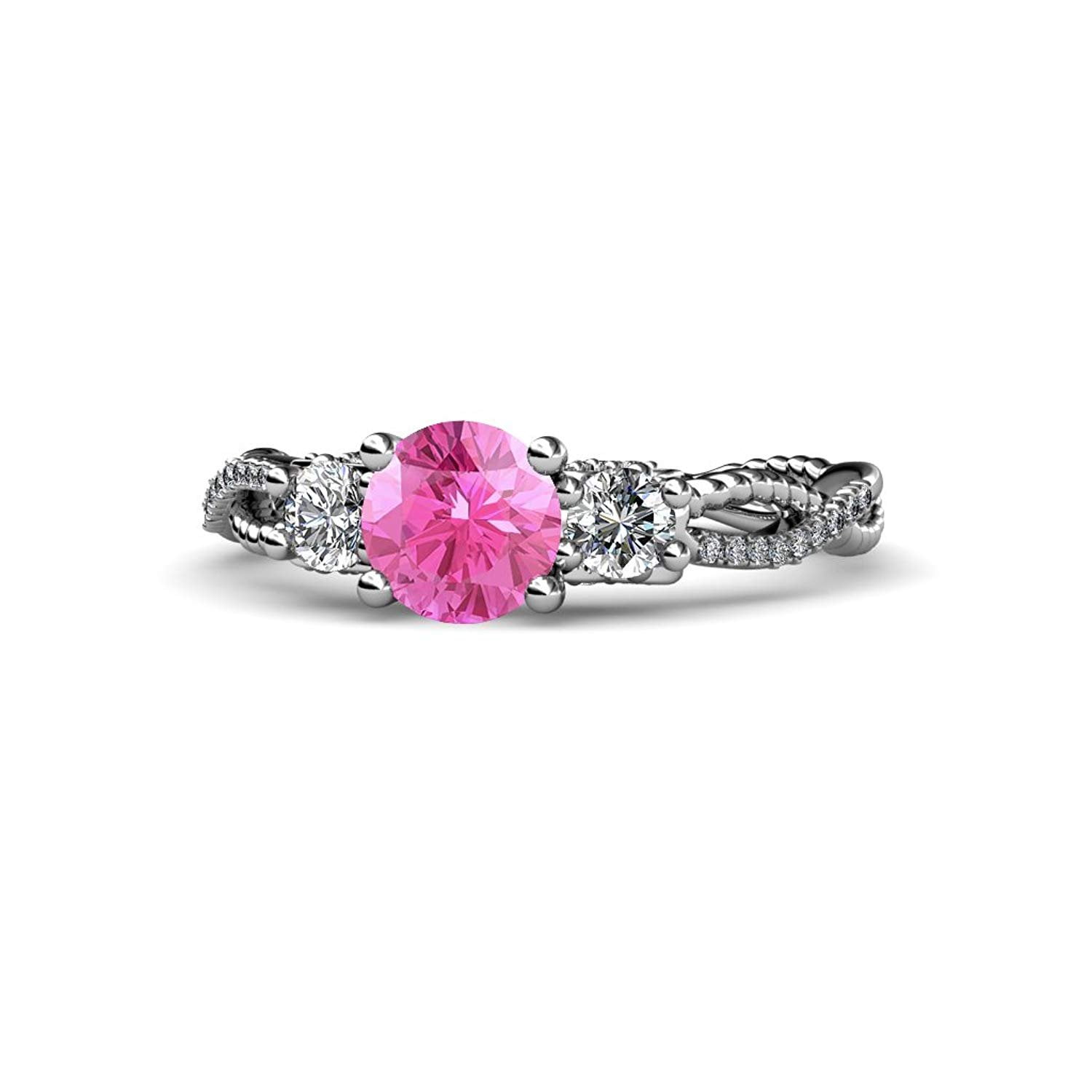 Pink Sapphire and Diamond (SI2-I1, G-H) Three Stone Engagement Ring 1.55 ct tw in 14K White Gold by TriJewels