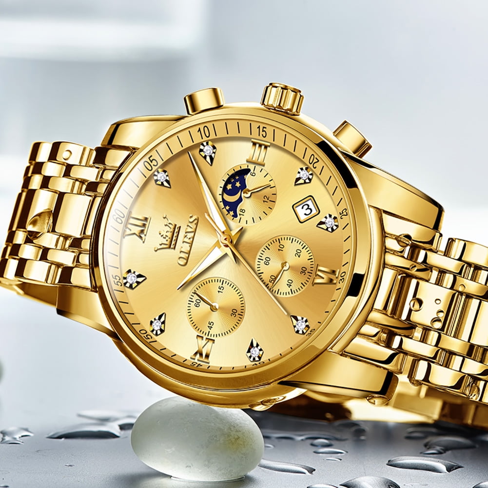 OLEVS Watches for Men, Mens Watches Gifts for Men Chronograph Analog Quartz Luxury Casual Classic Diamond Waterproof Luminous Gold Stainless Steel Reloj para Hombre
