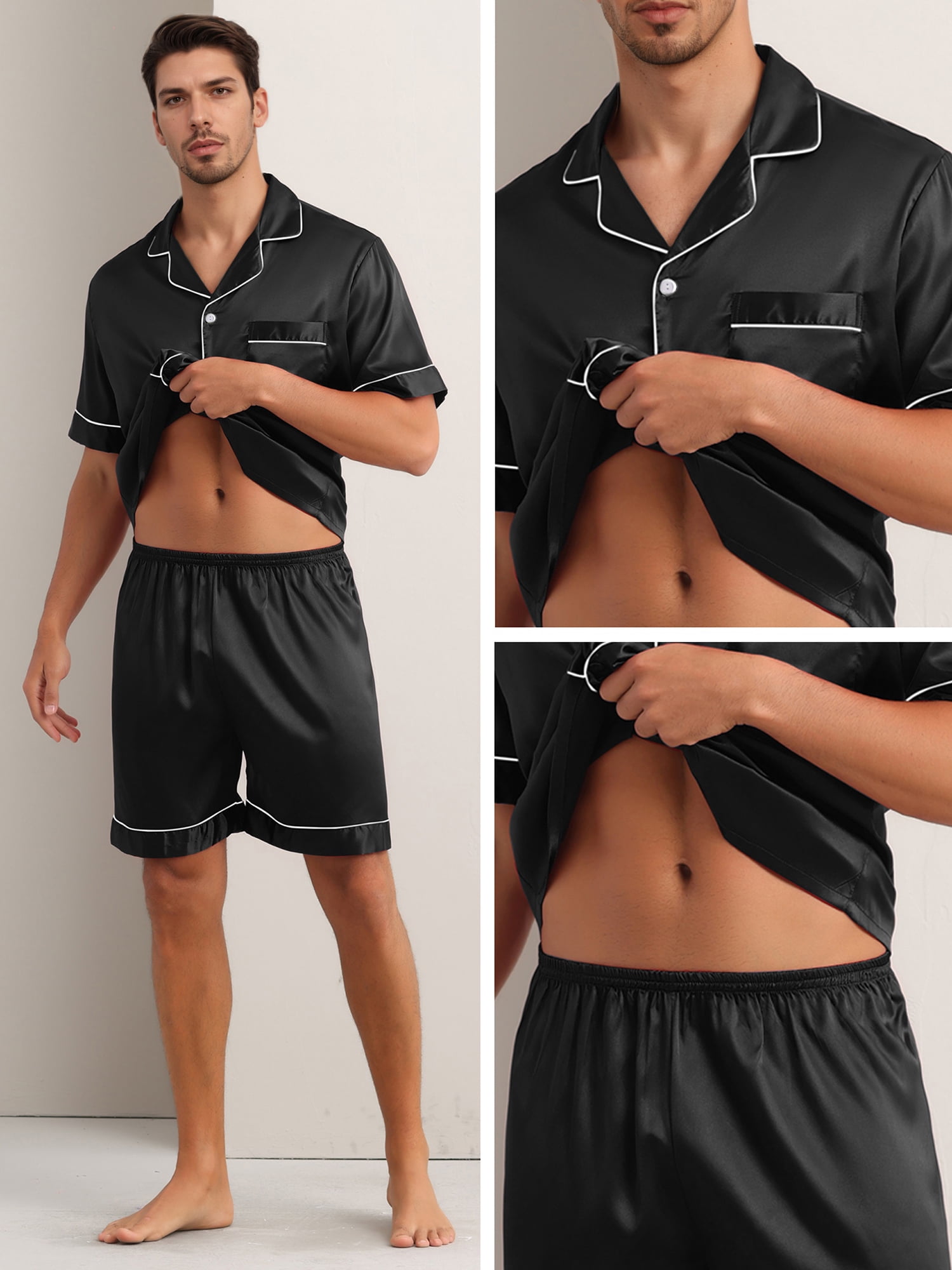 DARING DIVA Men's 2-Piece Satin Short Sleeve Nightwear Shorts Pajamas Set M Black