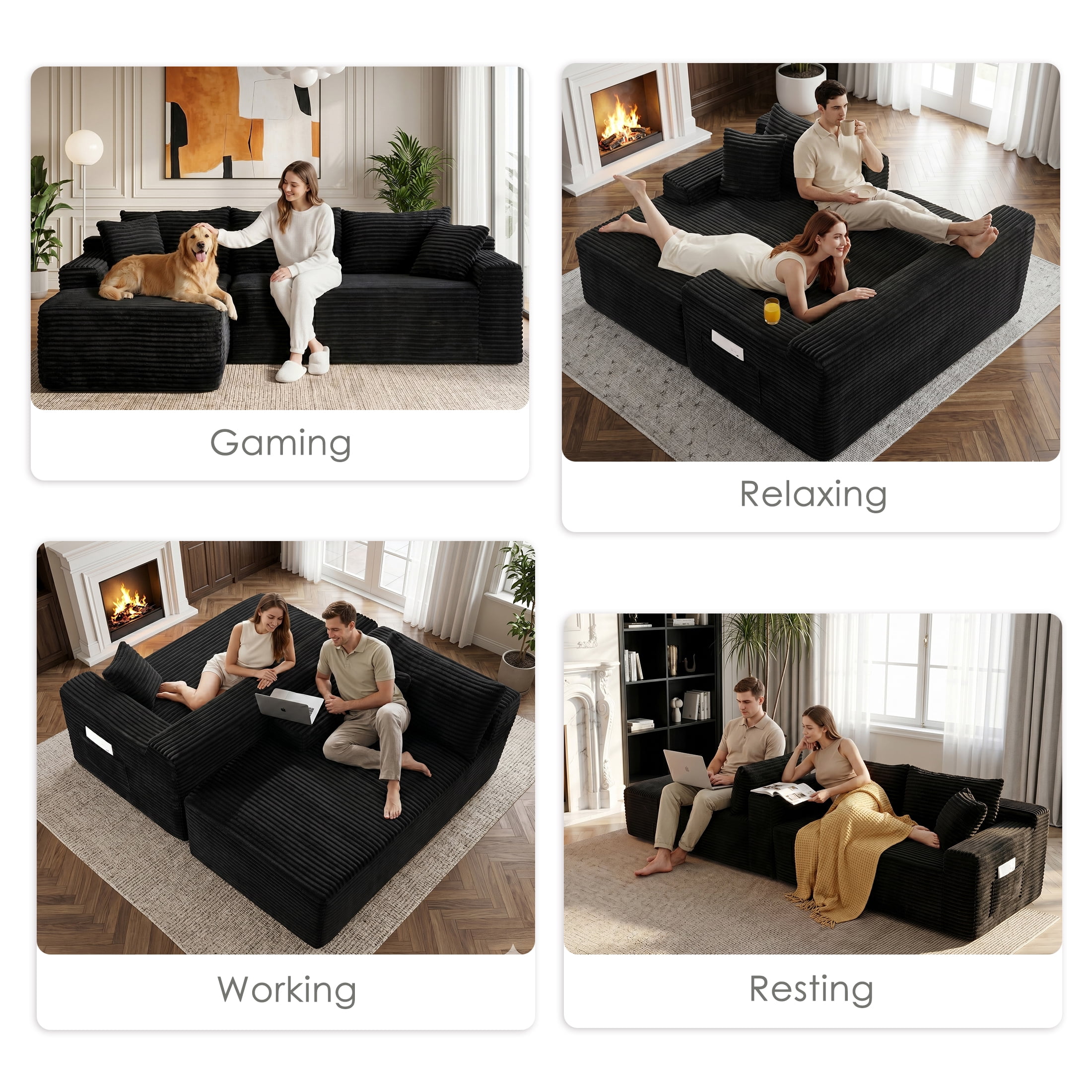 Xiweot 95" Cloud Sectional Sofa Deep Seat Boneless Couch L-Shaped Modular Couch, Modern Left Chaise Corduroy Upholstered Sofa with Side Pockets for Living Room, Black