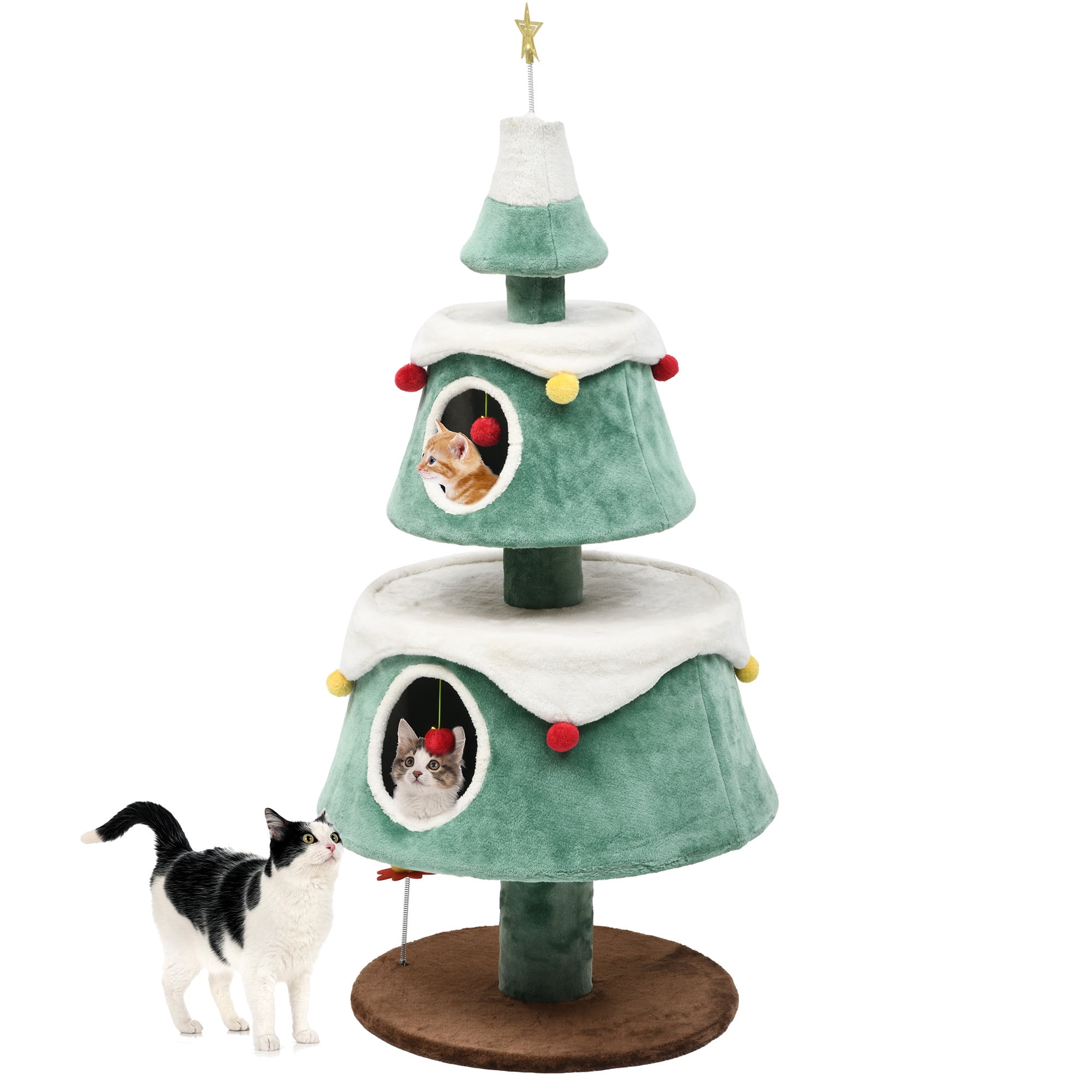 Uforic 63" H Large Christmas Cat Tree,2 Cat House with Plush Ball, Green+White