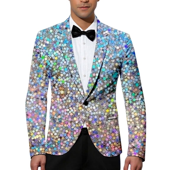 oqasdz Carnival Blazer for Men Glitter Print Jacket for Stage Performance Stylish Shiny Classic Fit Stretch Dress Coat Party Evening Wedding