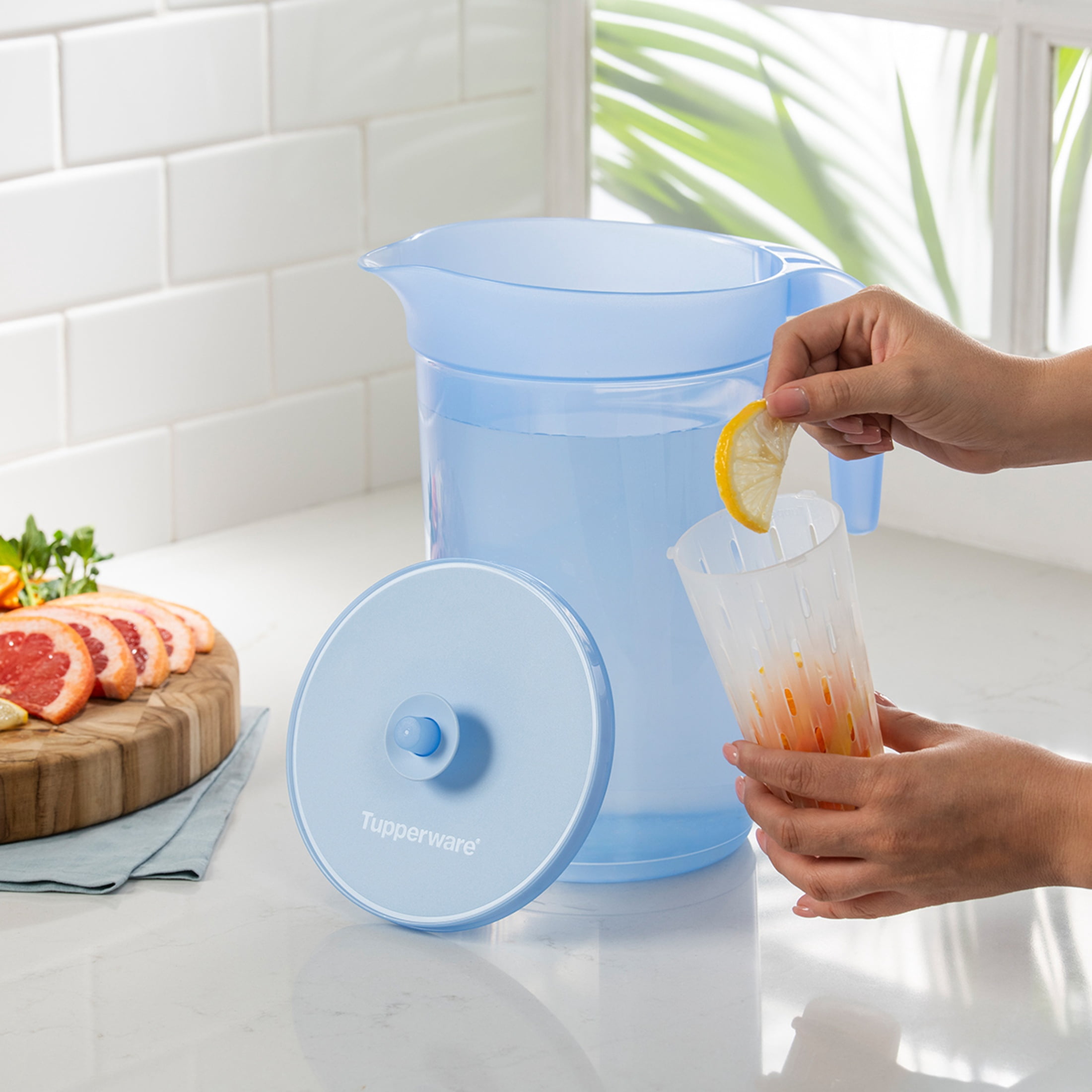 Tupperware Ilumina 1-Gallon Pitcher with Lid and Infuser, Blue