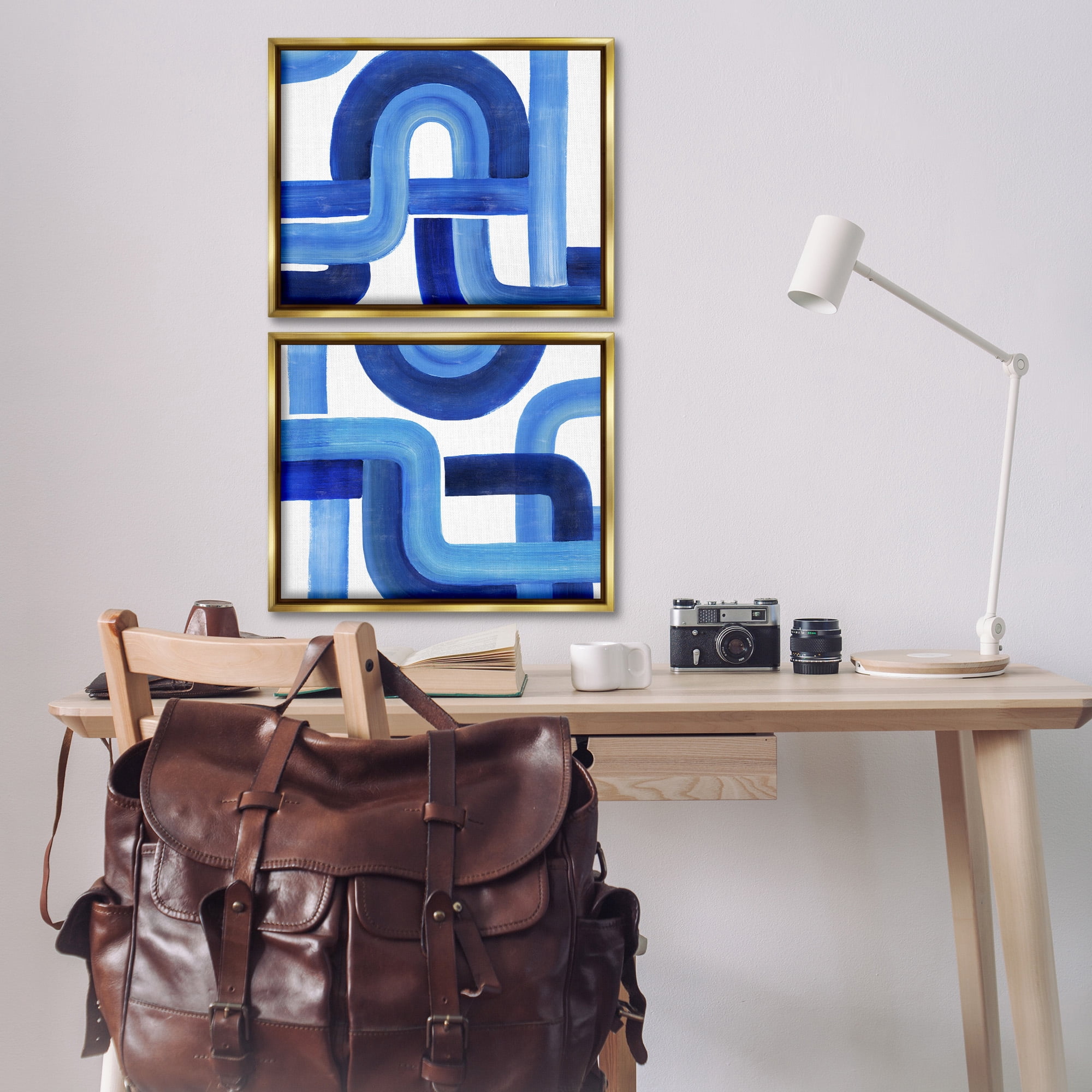 Stupell Industries Woven Blue Geometric Lines Abstract Painting Gold Floater Framed Canvas Art Print Wall Art, 21 x 17, Set of 2