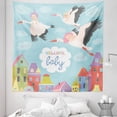 thumbnail image 1 of Party Tapestry, Storks Flying over Town Delivering Cartoon City Announcement, Fabric Wall Hanging Decor for Bedroom Living Room Dorm, 5 Sizes, Multicolor, by Ambesonne, 1 of 1