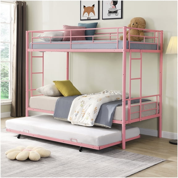 CHAMPFLAG Metal Triple Bunk Bed with Stairs and Pull-Out Trundle, Sturdy Low-Noise Frame for Space Efficient Sleeping, Pink Finish