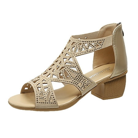 

Summer Sandals Women Roman Medium Heel Fish Mouth Back Zipper Sandals