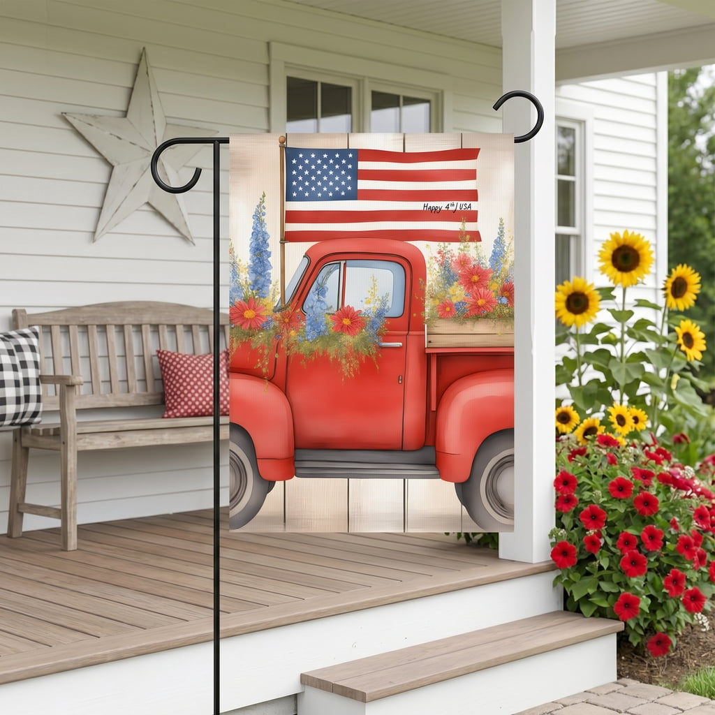 Fourth Of July Garden Flag A Red Truck With A Flag On The Back Of It. Happy 4th Usa 250 Year American Anniversary Flag 28x40 Inch American Flag Outdoor Decor
