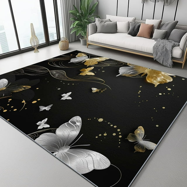 Area Rug Machine Washable Simple Luxury Butterfly Theme, 7 X 8 ft Large Carpet Foldable for Bedroom Dining Room Home Office, Black Fade Stain Resistant Indoor & Outdoor Rugs