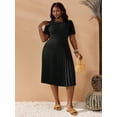 thumbnail image 4 of Plus Size Women's Solid Color Short Puff Sleeve Pleated Hem Dress Coffee Brown Casual Dress, 4 of 12