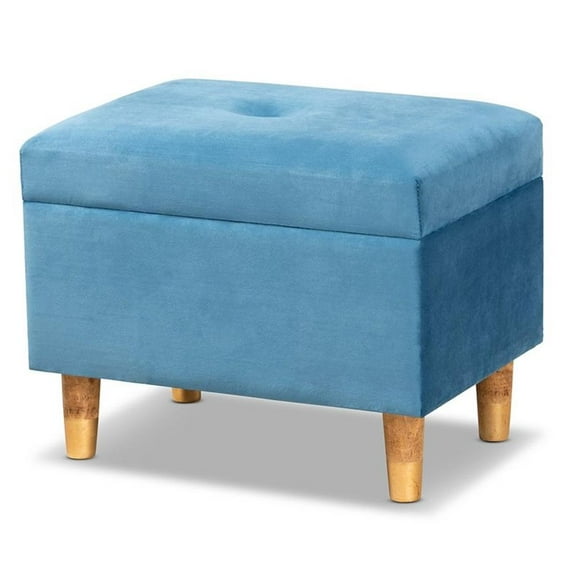 Bowery Hill Sky Blue Velvet and Brown Finished Wood Storage Ottoman