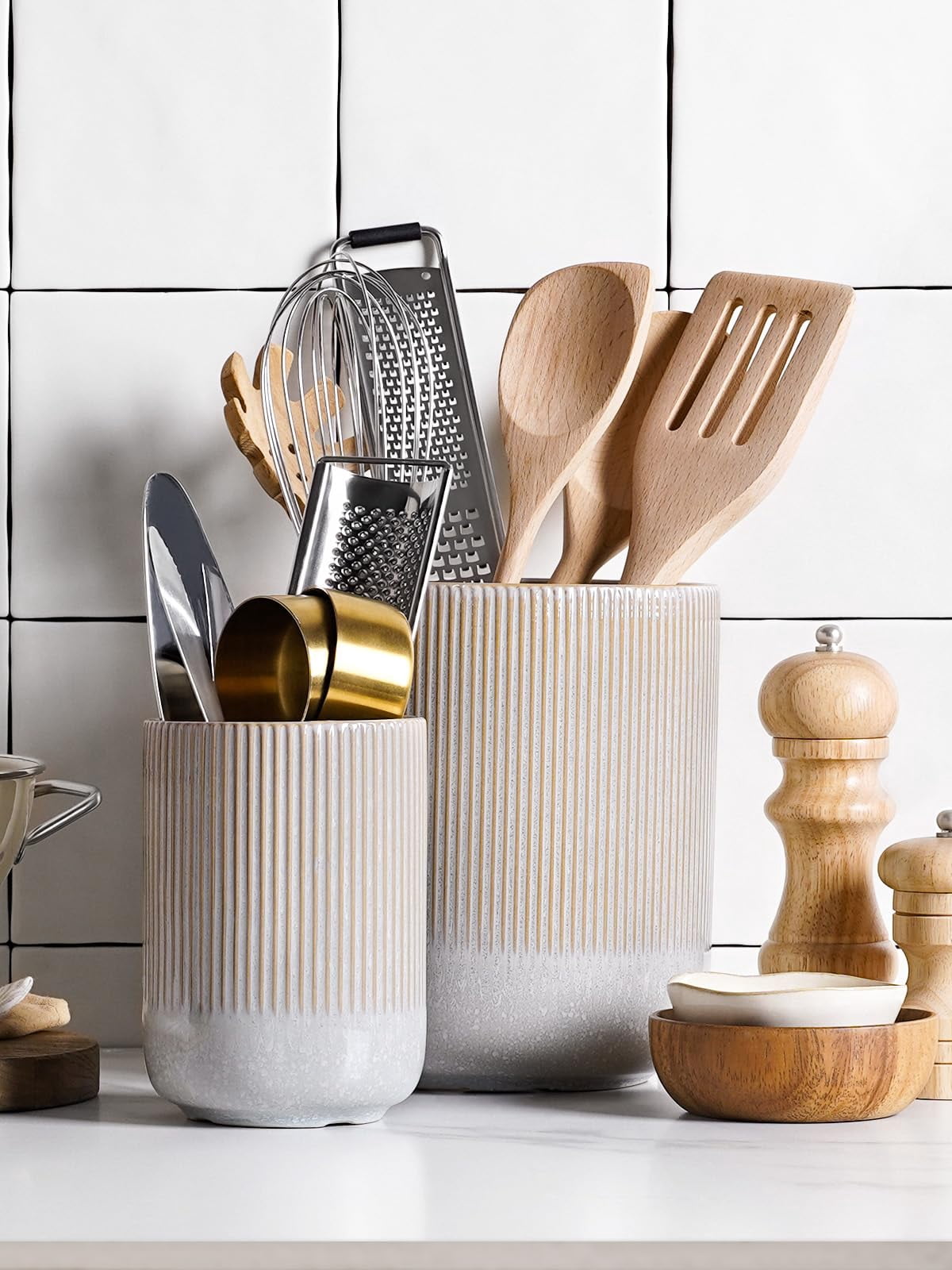 LE TAUCI Set of 2 Utensil Holder, 7.3"+5.4" Ceramic Crocks for Kitchen, Cooking Organizer & Plant Pots