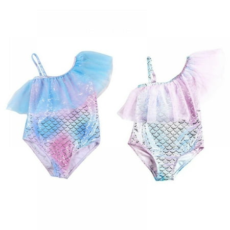 

URMAGIC Toddler Baby Girls Swimsuits Adjustable One Shoulder Bathing Suit Mermaid 3D Printed Swimwear 1-Piece Rashguard