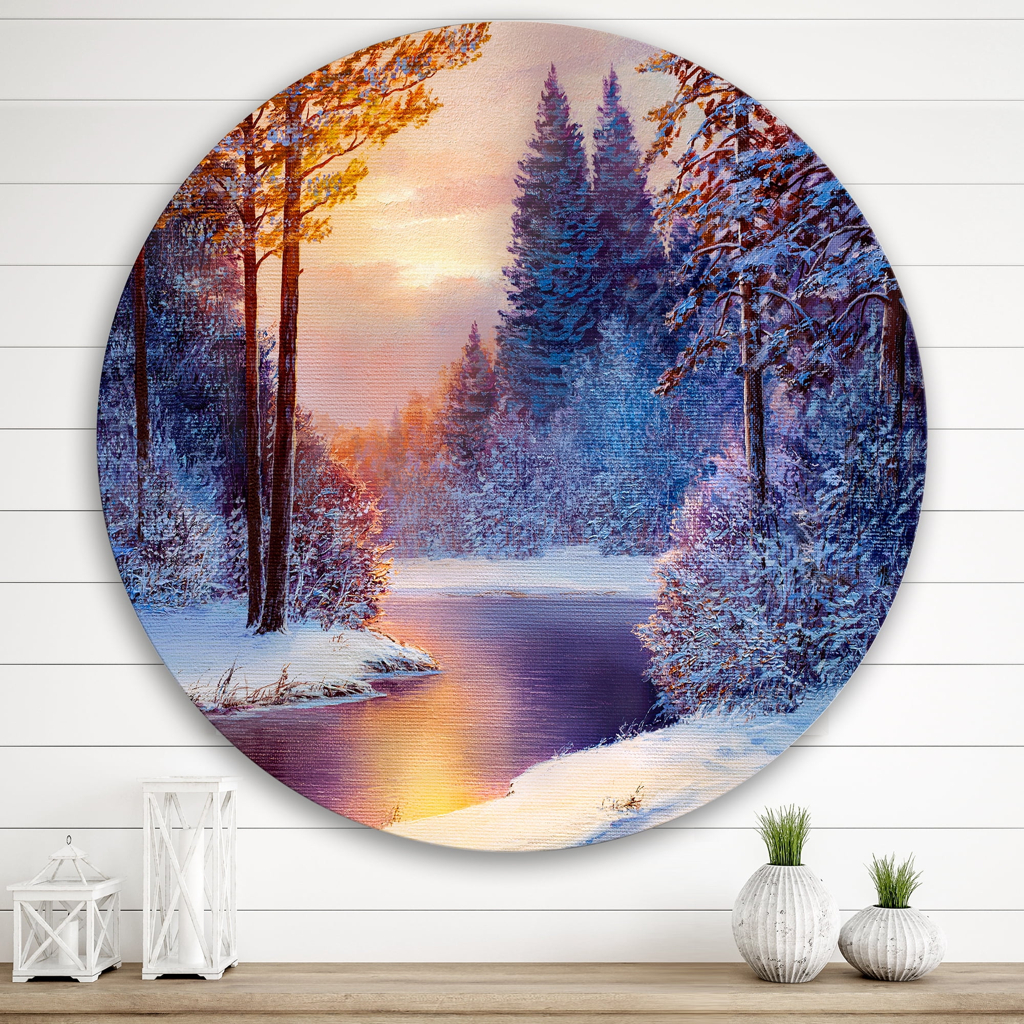 Designart 'Dark Blue Silhouettes of Trees With Winding River' Lake House Circle Metal Wall Art 29x29 - Disc of 29
