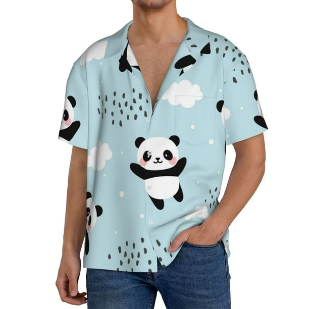 Fotbe Cute Panda Bear Camisa Estampada de Manga Corta para Hombre, Casual de Verano, Estilo Playero, Sin Arrugas-Small
