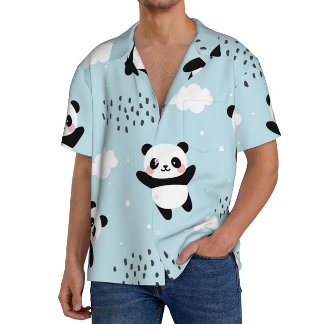 Fotbe Cute Panda Bear Camisa Estampada de Manga Corta para Hombre, Casual de Verano, Estilo Playero, Sin Arrugas-Medium