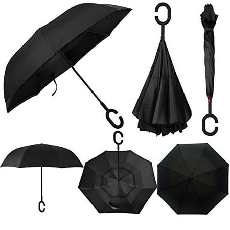 Swisstek Double Layer Reversible Smart Umbrella - Quick Dry Technology - Dual Layer Design - UV Protection Layer - Windproof & Waterproof - Stands On Its Own - Convenient C Grip